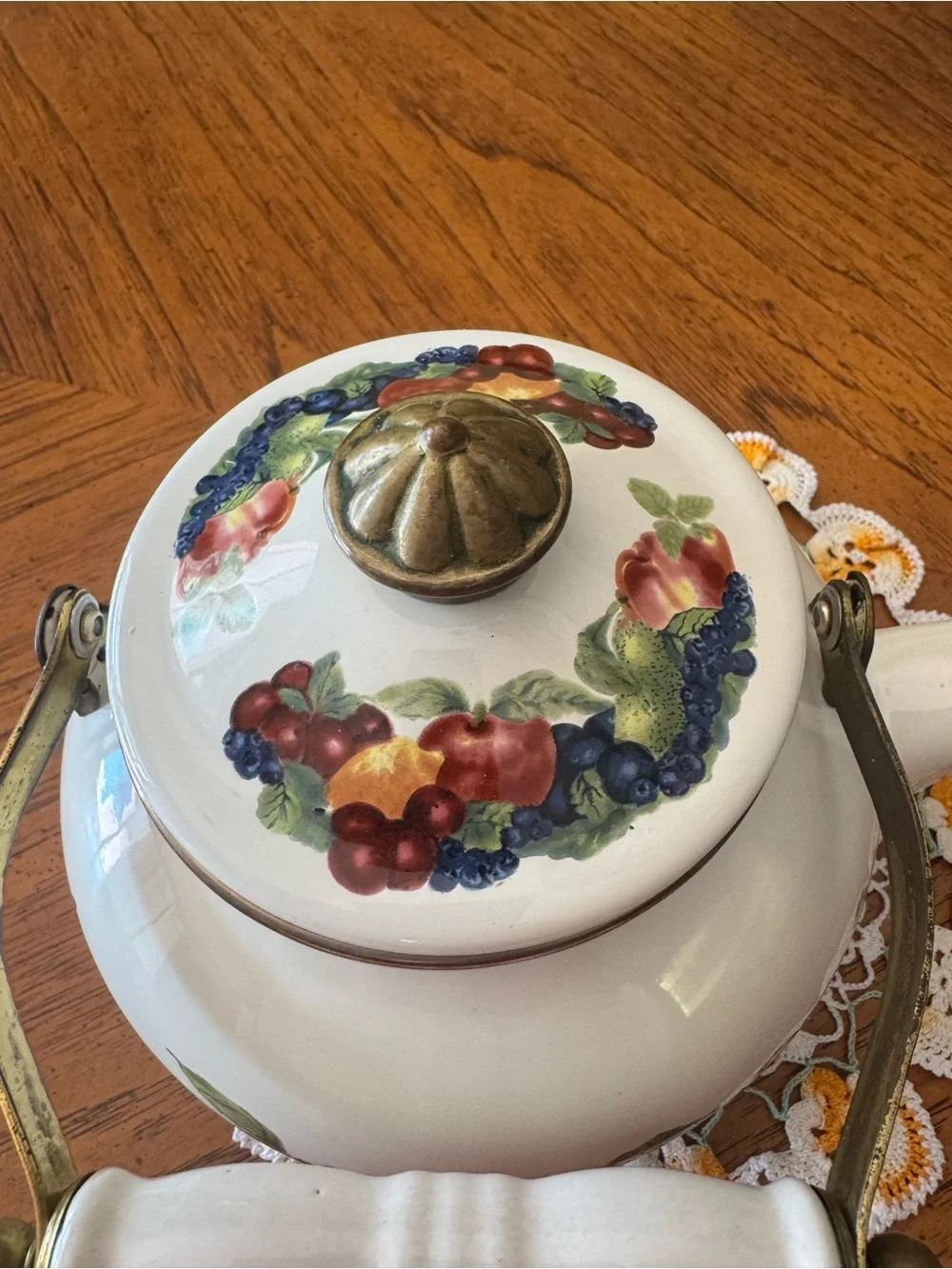 Vintage Regency Emanel Floral Ceramic Teapot with Brass Handle - White Base